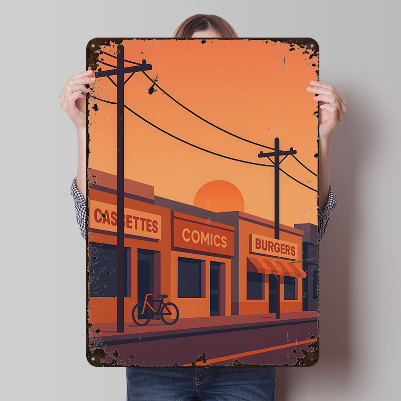 Retro Gaming Shops - Poster Cetak Jalanan Sunset dengan Toko